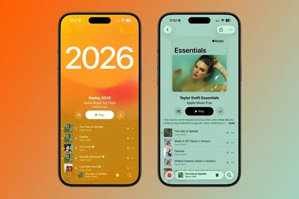 Deux smartphones affichant l'interface Apple Music avec les playlists Replay 2026 et Essentials.