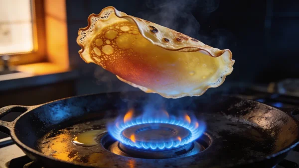 Crêpe rousse et dorée en plein vol au-dessus d'une poêle en fonte noire sur un feu de gaz bleu, capture précise du mouvement de retournement, fond de cuisine flouté