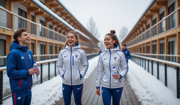 Un groupe de jeunes athlètes français discutant et riant dans un village olympique enneigé, portant leurs tenues d'entraînement officielles aux couleurs de la France