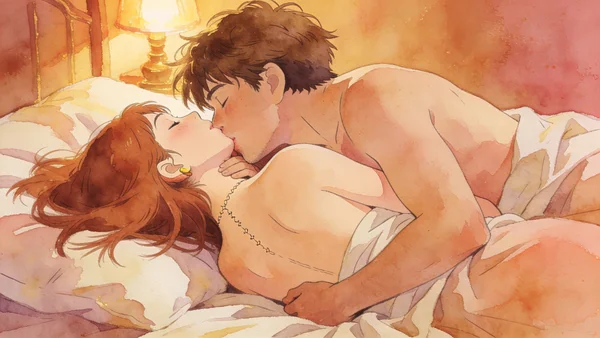 Couple enlacé sur un lit, l'homme déposant des baisers légers sur la nuque et l'oreille de sa partenaire, elle a les yeux fermés et la tête renversée en arrière, cheveux épars sur l'oreiller, lumière tamisée d'ambiance, peau nue visible sur les épaules et