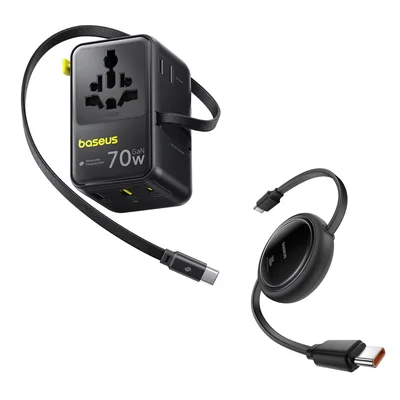 Baseus 70W Universal Travel Adapter with retractable cable shown from multiple angles