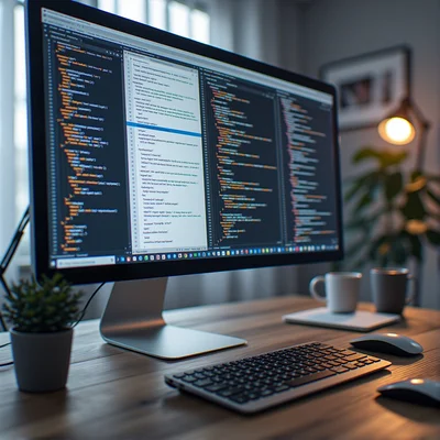 Vue rapprochée d'un écran d'ordinateur montrant une interface de conversation avec une intelligence artificielle, plusieurs fenêtres de code et de documents textuels ouverts en arrière-plan, lumière douce de bureau, ambiance de travail moderne