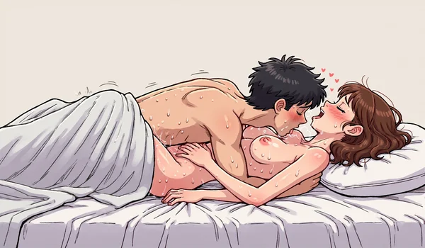 Couple nu de profil sur un lit en désordre, tête de la femme rejetée en arrière, bouche entrouverte en plein gémissement, partenaire l'embrassant dans le cou, intimité charnelle