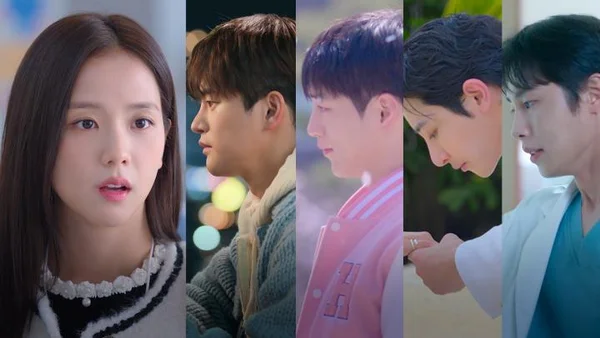 Composite de Jisoo et quatre acteurs en tenues variées, extrait du Kdrama.