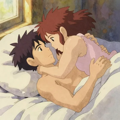 Couple nu enlacé sur des draps blancs, peau contre peau, lumière naturelle douce filtrant par une fenêtre au crépuscule, l'homme allongé sur le dos et la femme penchée vers lui dans une pose intime et tendre, atmosphère sensuelle et chaleureuse