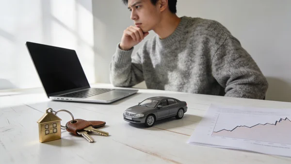 Jeune adulte de profil assis devant un ordinateur portable, réfléchissant devant plusieurs options représentées visuellement : une paire de clés d'appartement, une voiture, et un graphique financier. Ambiance lumière naturelle de bureau moderne.