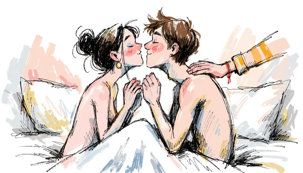 Trois personnes nues allongées sur un lit blanc en position croustillante, une femme embrassant un homme pendant qu'une deuxième femme caresse le dos de l'homme, ambiance lumineuse et érotique