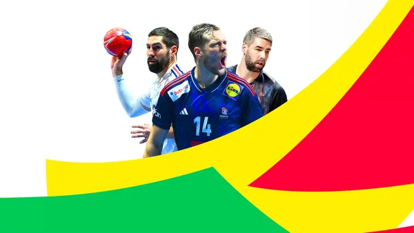 Action shot of men's handball players competing on the court.