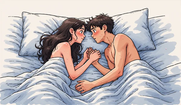 Couple nu allongé côte à côte dans un lit, tournés l'un vers l'autre, visages proches comme dans une conversation intime. mains posées l'une sur l'autre. Ambiance de complicité et découverte mutuelle.