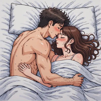 Pénétration vaginale en position du missionnaire, couple nu sur un lit, l'homme au-dessus de sa partenaire, visages proches et expressifs