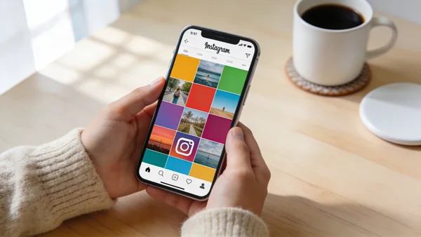 Vue en plongée d'un smartphone tenu par des mains, l'écran montrant l'interface Instagram avec une grille de photos colorées et l'icône caractéristique de l'appareil photo en bas, lumière douce du matin sur un bureau minimaliste avec une tasse de café en 
