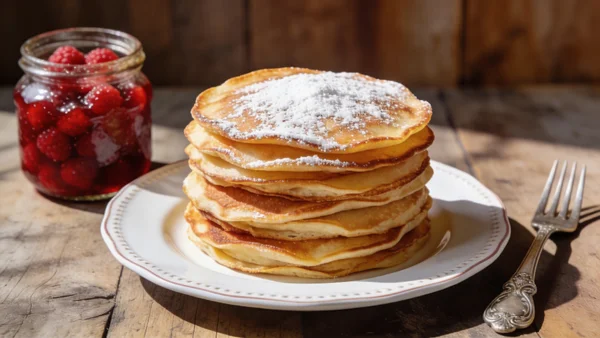 Pile de crêpes dorées et fumantes posées sur une assiette en porcelaine blanche, saupoudrées de sucre glace, avec un pot de confiture rouges et une fourchette sur le côté, lumière douce et chaude de février