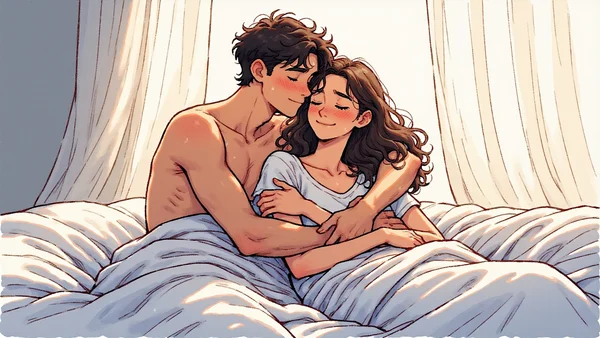 Plan rapproché d'un torse masculin nu, le bras enroulé autour de son partenaire, le visage du partenaire flouté par le mouvement et le désir. Les draps blancs sont légèrement défaits, la lumière du matin filtre à travers les voilages, créant une ambiance 