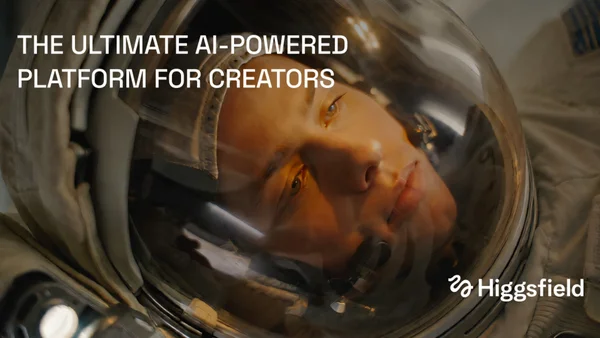 Graphisme promotionnel pour la plateforme Higgsfield AI représentant un casque d'astronaute.