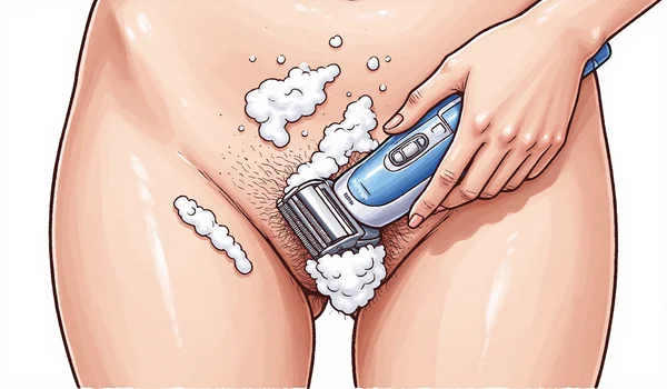 Gros plan sur une main tenant une tondeuse électrique glissant doucement sur la zone pubienne, peau encore couverte de mousse à raser, geste précis et prudent
