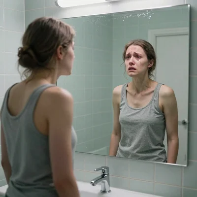 Jeune femme extrêmement maigre se regardant dans un miroir, mais son reflet lui apparaît beaucoup plus rond qu'il ne l'est en réalité, éclairage clinique froid, expression de détresse sur son visage, intimité d'une salle de bain