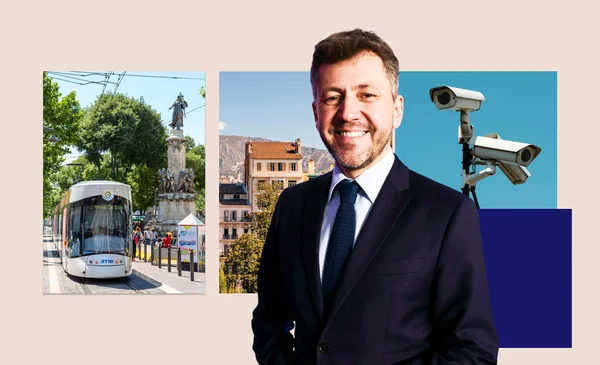 Composition visuelle avec Franck Allisio en costume sur fond d'images urbaines de sécurité.