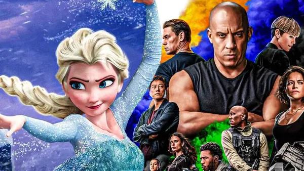 Elsa using her ice powers in a scene from Disney's Frozen franchise.