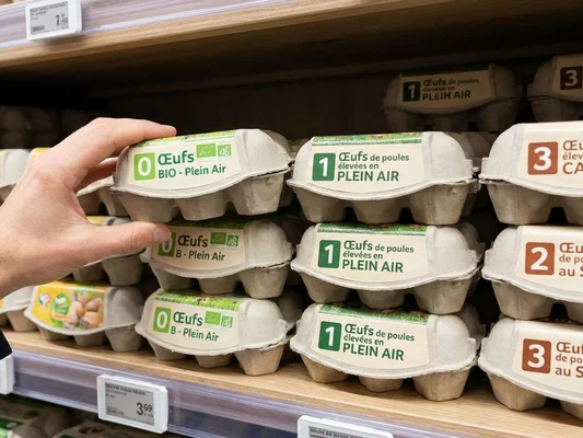 Une main tient un carton d'œufs bio, entouré d'autres packagings d'œufs en rayon.