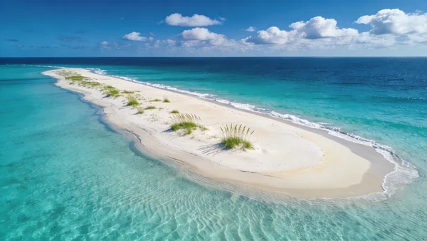 Vue aérienne d'une île sablonneuse allongée bordée d'eau turquoise, végétation verte clairsemée, nuages blancs au-dessus de l'océan Atlantique