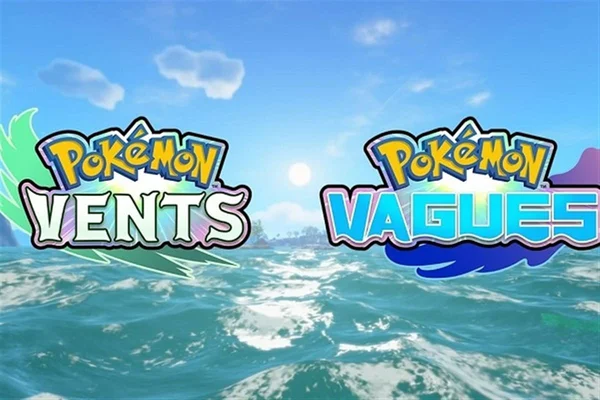 Les logos des jeux Pokémon VENTS et VAGUES sur un fond d'océan turbulent.