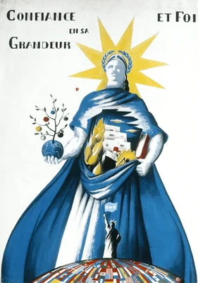 Affiche ONU : figure féminine tenant un arbre et un globe, symbole de paix et progrès, sur fond de drapeaux internationaux.