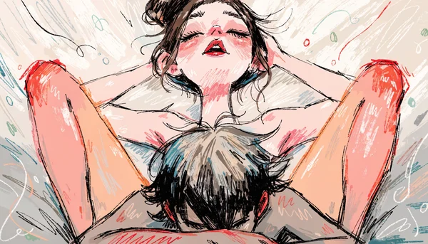 Homme allongé entre les cuisses de sa partenaire allongée sur le dos, donnant un cunnilingus avec sa langue sur le clitoris, vue de profil, la tête de l'homme cachant le sexe