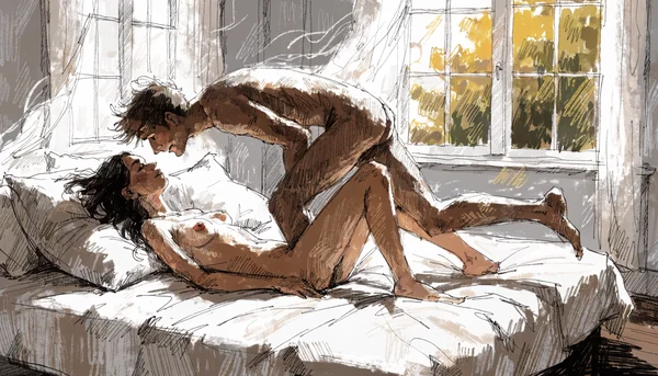 Première relation sexuelle pénétrative en position du missionnaire, couple sur un lit, lumière douce et tamisée, atmosphère intime