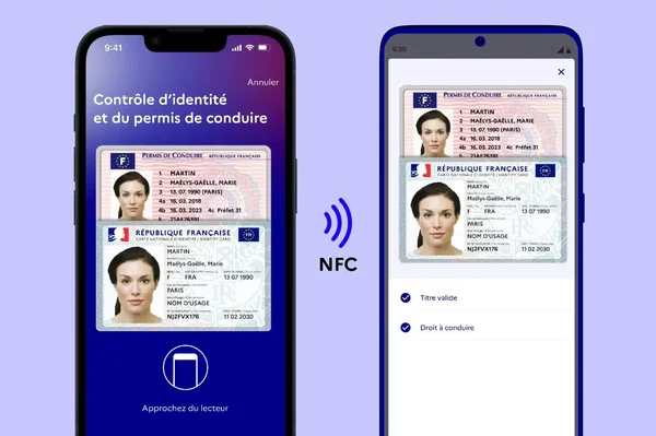 Vérification d'identité et de permis de conduire via NFC sur deux smartphones.