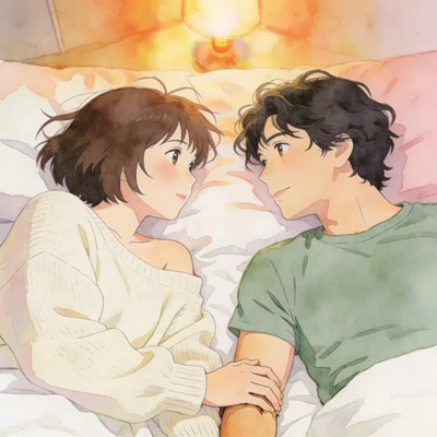 Jeune couple allongé face à face dans une ambiance intime et complice, éclairage doux