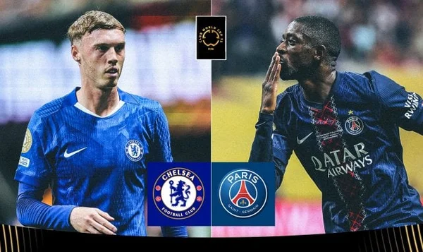 Graphique promotionnel présentant un joueur de Chelsea et un joueur du PSG en bleu