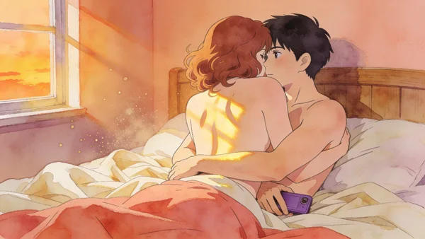 Couple enlacé sur un lit, position intime où l'un des partenaires tient un vibromasseur pendant la pénétration. Leurs corps sont en contact étroit, visages proches, expressions de plaisir partagé. Lumière dorée du coucher de soleil, chambre aux tons chauds, atmosphère de complicité et de confiance mutuelle