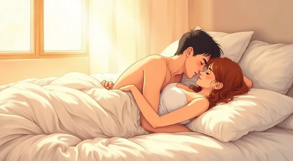 Couple dans une intimité tendre, position Spooning sur un lit aux draps clairs, l'homme derrière la femme, leurs corps en contact, lumière douce du matin filtrant par une fenêtre, atmosphère de confiance et de complicité amoureuse