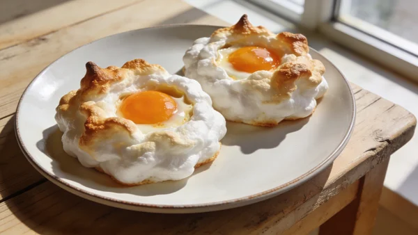 Cloud eggs sur une plaque de cuisson, deux œufs avec les blancs montés en neige formant des nuages dorés et les jaunes brillants au centre, brunis au four, présentés sur une assiette blanche moderne avec lumière douce naturelle