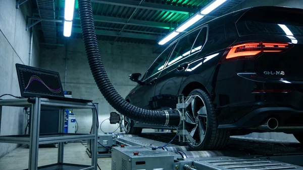 Vue en contre-plongée d'une Volkswagen Golf noire sur un pont de test dynamométrique dans un garage industriel éclairé par des néons. Des tuyaux d'échappement sont connectés au pot d'échappement pour les tests antipollution, un ordinateur portable affiche des courbes de données à côté de la voiture