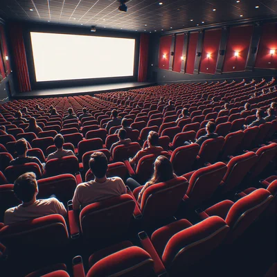 Intérieur de cinéma faiblement éclairé, rangées de fauteuils rouges occupés par des spectateurs attendant la projection, grand écran lumineux au fond de la salle