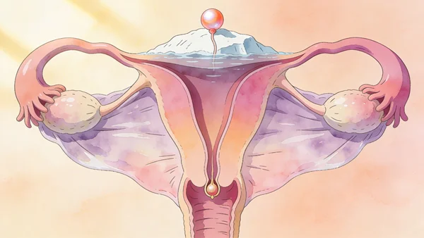 Vue latérale anatomique du clitoris complet montrant le gland visible en haut et les deux branches internes descendant en V le long du pubis, structure rappelant un iceberg avec la partie émergée minuscule et la partie immergée massive, éclairage doux et éducatif sur fond clair