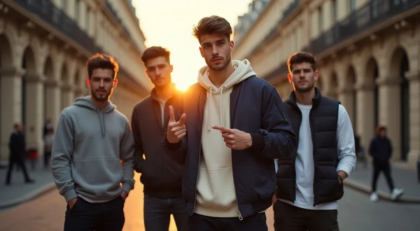 Groupe de jeunes dans un quartier urbain français, style streetwear, l'un d'eux fait un geste de la main signifiant 'c'est froid' avec un air confiant, ambiance coucher de soleil sur la ville en arrière-plan, éclairage doré et bleu nuit