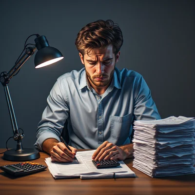 Plan rapproché d'un étudiant assis à un bureau encombré, regardant pensivement une pile de factures médicales et une calculatrice, lumière de lampe de bureau la nuit