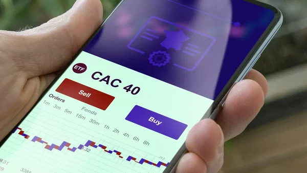 Application de bourse sur smartphone affichant les cours du CAC 40 et les boutons d'achat/vente