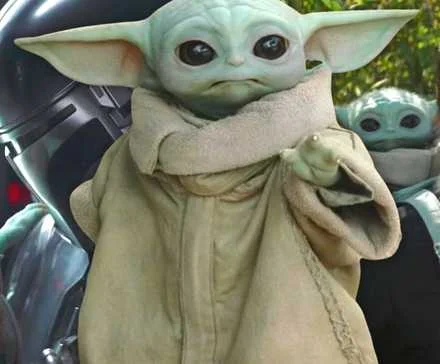 Grogu, aka Baby Yoda from The Mandalorian, with Mando on the left, and with Luke Skywalker on the right, separated by a shot of Baby Yoda standing.