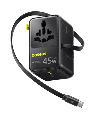Black Baseus EnerCore travel adapter with retractable cable on a grey surface showing ports