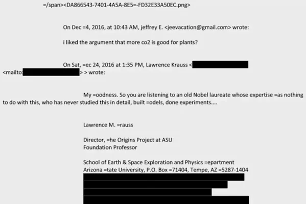 Échange d'emails entre Jeffrey Epstein et Lawrence Krauss sur le CO2 et le climat.