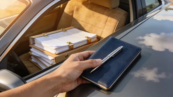 Plan rapproché d'une main tenant un chéquier et un stylo posés sur le capot d'une voiture, une pile de dossiers judiciaires empilés sur le siège passager à travers la vitre fermée