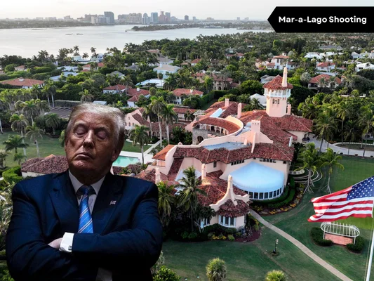 Donald Trump en premier plan avec une vue aérienne de la résidence Mar-a-Lago en arrière-plan.