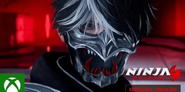 Matériel promotionnel officiel de Ninja Gaiden 4 avec un personnage au masque imposant.