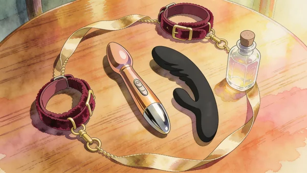 Vue de dessus d'une table en bois noble avec une collection disposée avec élégance de sextoys variés : un vibromasseur élégant couleur rose doré, un gode en silicone noir, une paire de menottes en velours bordeaux, et un flacon de lubrifiant. Éclairage ta