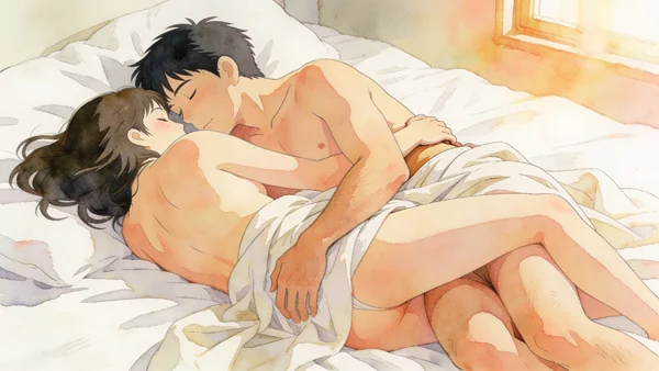 Couple en intimité sur un lit aux draps blancs, vue de profil montrant deux corps enlacés dans une position suggestant une préparation à la pénétration anale, l'homme derrière la femme, leurs peaux nues en contact, lumière douce et naturelle filtrant par 