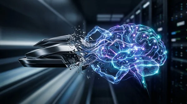 Illustration d'un cerveau numérique lumineux fusionnant avec du métal, fond de serveurs flou.