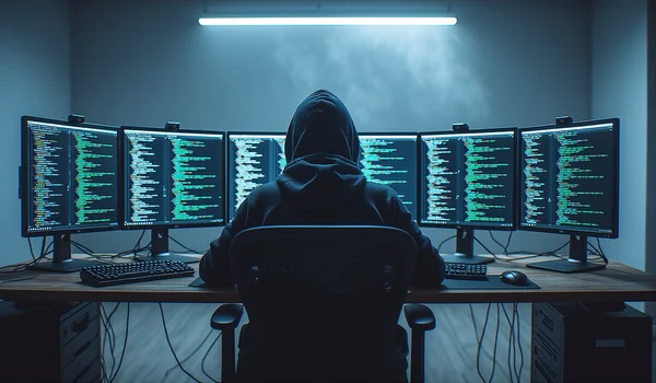 Silhouette de hacker vue de dos dans une pièce sombre, face à plusieurs écrans d'ordinateur illuminés, reflets bleus et verts du code informatique sur les moniteurs, flots de données numériques et numéros IBAN qui défilent en cascade sur les écrans, ambiance nocturne de cyberattaque